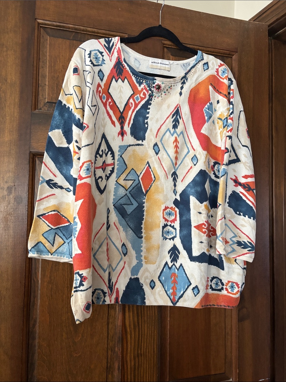 Alfred Dunner White Multicolor Aztec-Print Knit Top